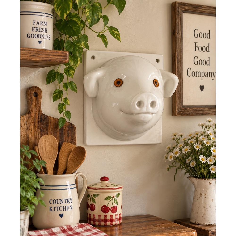 Vintage 1980s Large Ceramic Pig Head Wall Towel Holder Farmhouse Cottagecore